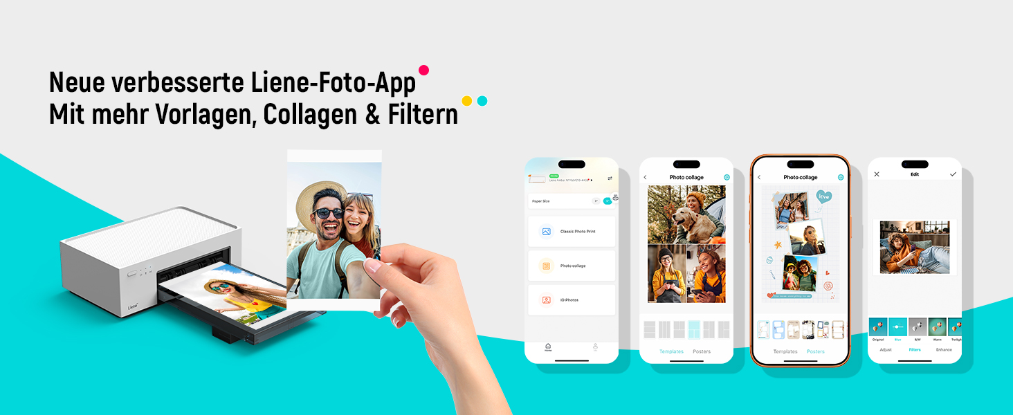 Портативний фотодрук для смартфонів Liene (10x15 см) + 2 пачки фотопаперу (20+80 аркушів), WiFi, сумісний з iPhone/Android/PC, 300 DPI, кольорова сублімація, білий
