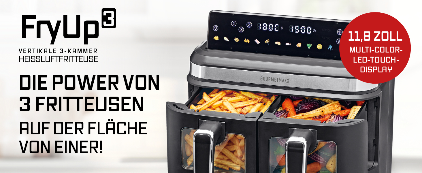 Фритюрниця електрична Gourmetmaxx FryUp3 з 3 камерами 17л, Airfryer з сенсорним дисплеєм, 12 програм, вікном огляду – для 12 осіб