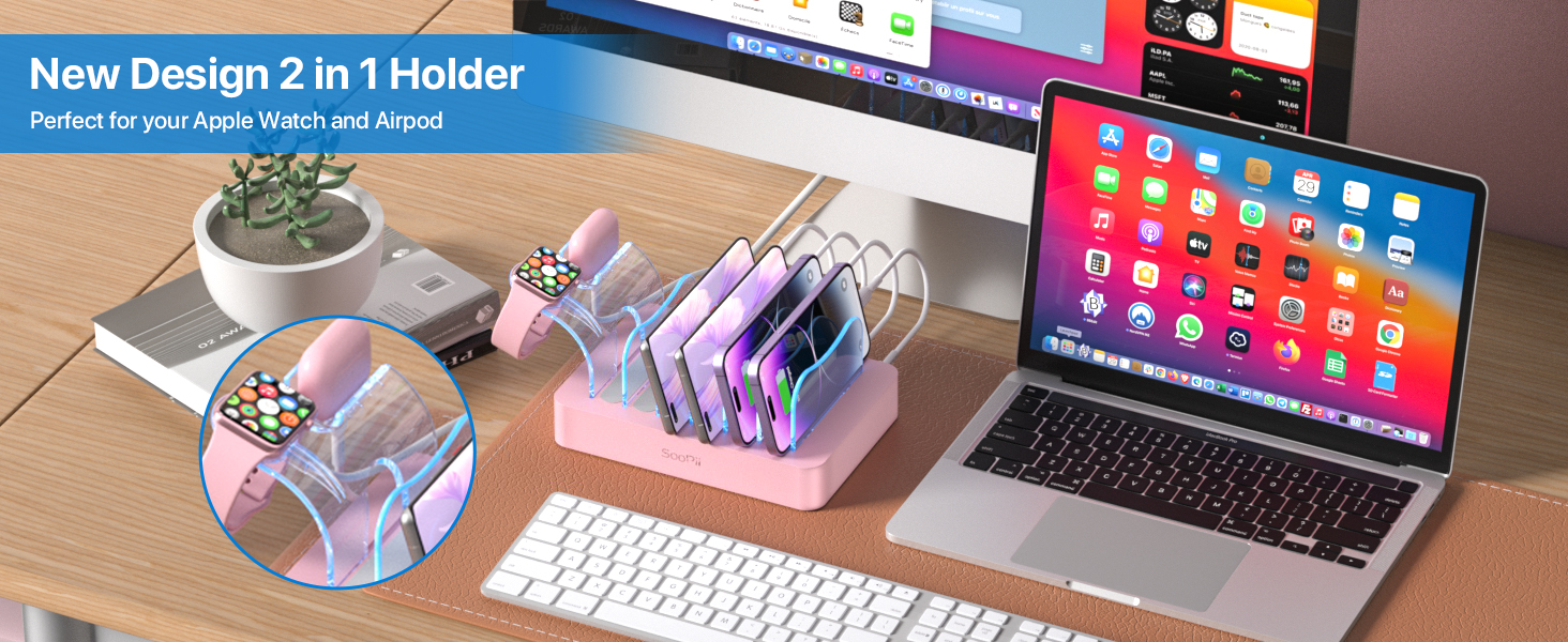 Зарядна станція SooPii USB з органайзером на 6 портів 50W + 6 кабелів + тримач для iWatch, біла (Рожева)