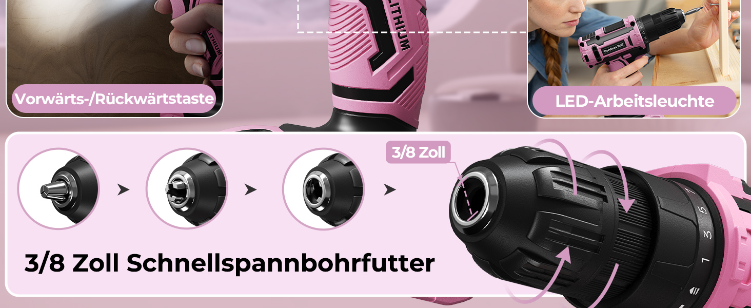 Акумуляторний шуруповерт 20V з набором аксесуарів 85 шт. (85tlg), 42Н.м, 2000mAh, 25+1 момент, 10мм патрон, легкий, LED, рожевий (для подарунка на День святого Валентина)