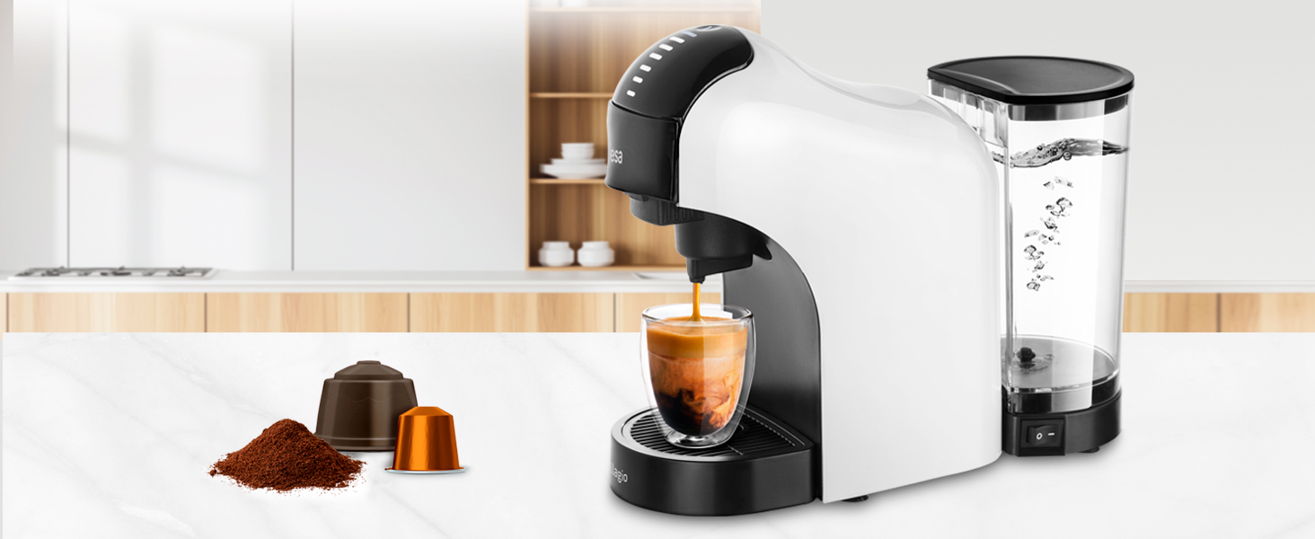 Кавомашина Ufesa Bellagio 3-в-1 для капсул Nespresso, Dolce Gusto та меленої кави, сенсорна панель, 7 рівнів, резервуар 1 л, 1400 Вт, 15 бар, компактна