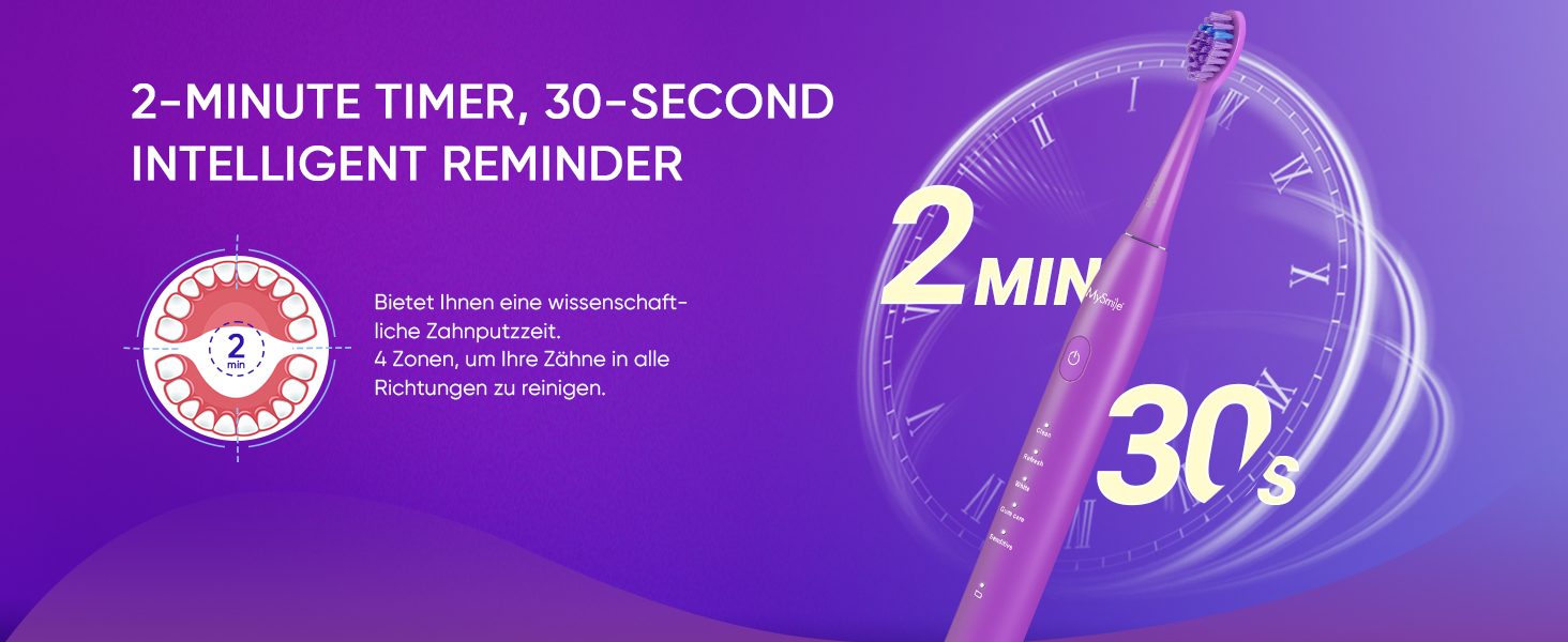 Електрична зубна щітка MySmile DY156 для дорослих, акумуляторна звукова щітка, портативна з 3 насадками, таймер 2 хвилини, 5 режимів, 45000 вібрацій на хвилину, 60 днів роботи від одного заряду, 1 шт. (фіолетова)
