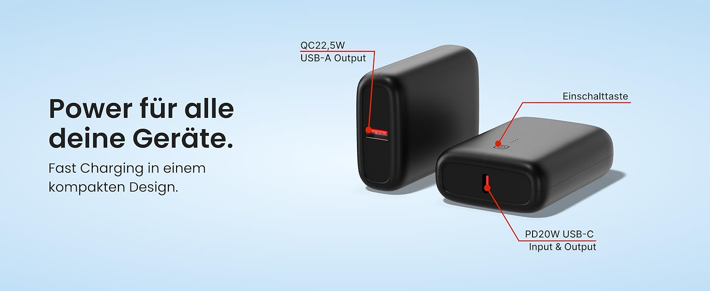 Портативний зарядний пристрій Powerbank Mini [9000mAh] білий - Швидка зарядка, PD20W, Type-C вхід/вихід, LED-індикатор заряду, USB та Type-C порти