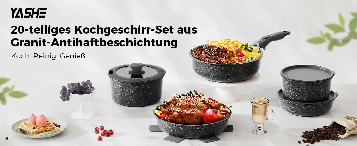 Набір каструль YASHE 20 предметів з антипригарним покриттям, знімні ручки, для індукційних плит, сумісний з духовкою до 230°C, можна мити в посудомийній машині, стійкий, ідеальний для сімей, сірий