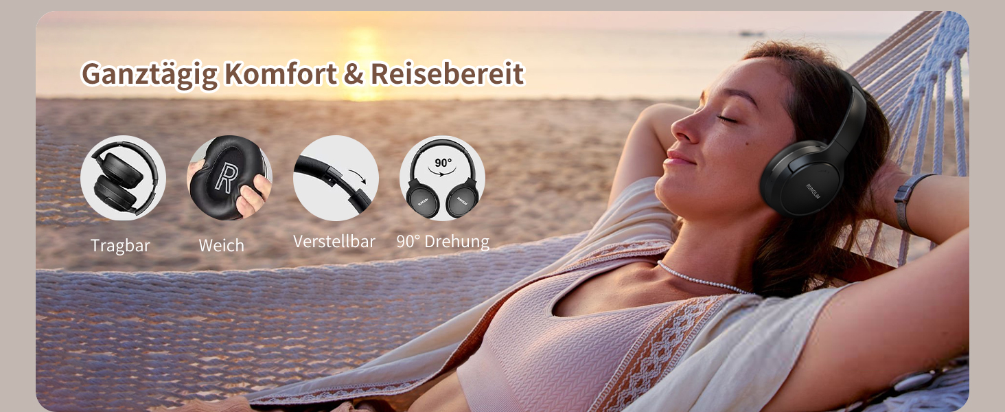 RUNOLIM Бездротові навушники Over-Ear з активним шумозаглушенням, Bluetooth, 70 годин роботи, Hi-Res Audio, глибокий бас, 3.5mm аудіокабель, чорний