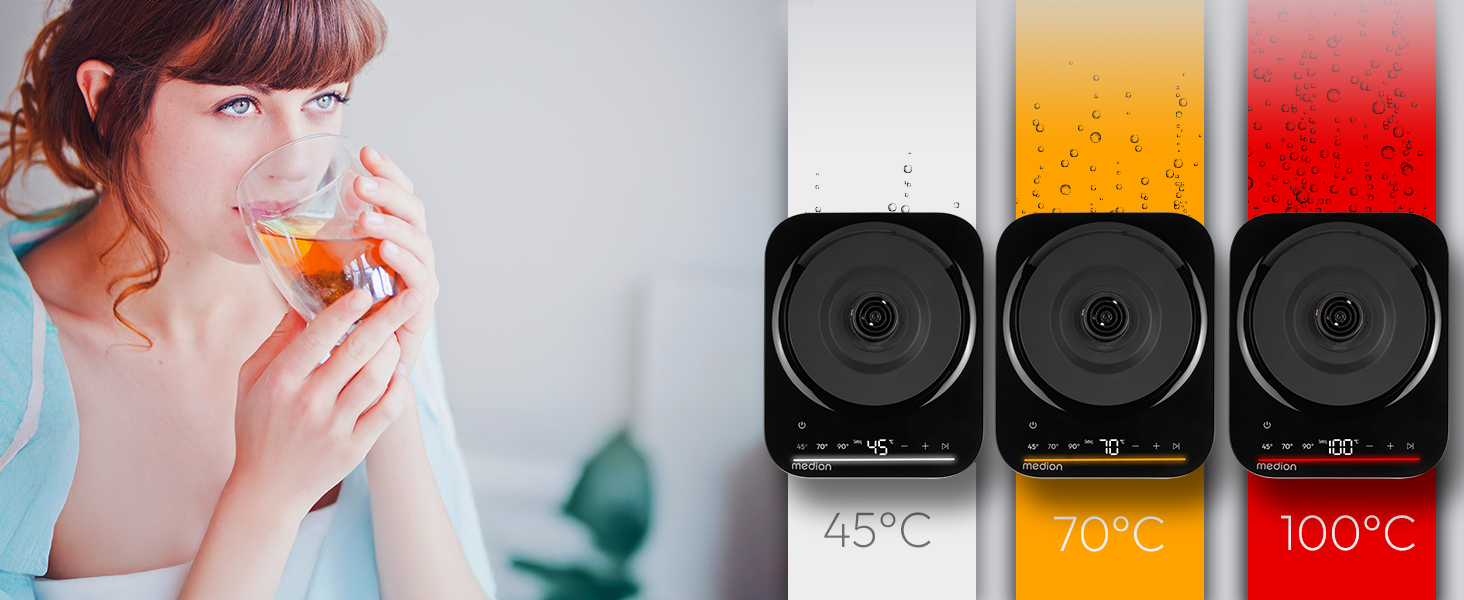 Електричний чайник MEDION LIFE MD12106, 2.2 кВт, 1.5 л, LED дисплей, LED підсвітка, автопрограми, захист від дітей, чорний