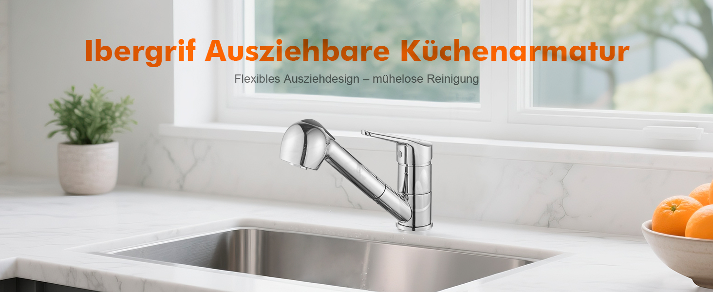 Змішувач для кухні Ibergrif M14450 з висувною лійкою, поворотний на 360°, з нержавіючої сталі та керамічною картридж