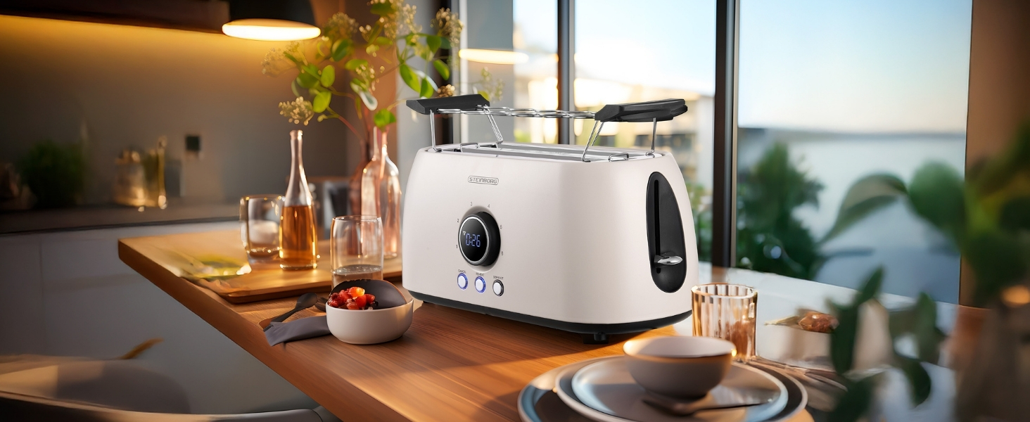 Тостер XXL 4-х секційний з підставою для бургерів | Цифровий дисплей | Автоматичне вимкнення | Тостер з широкими слотами (Бежевий Бульгур)