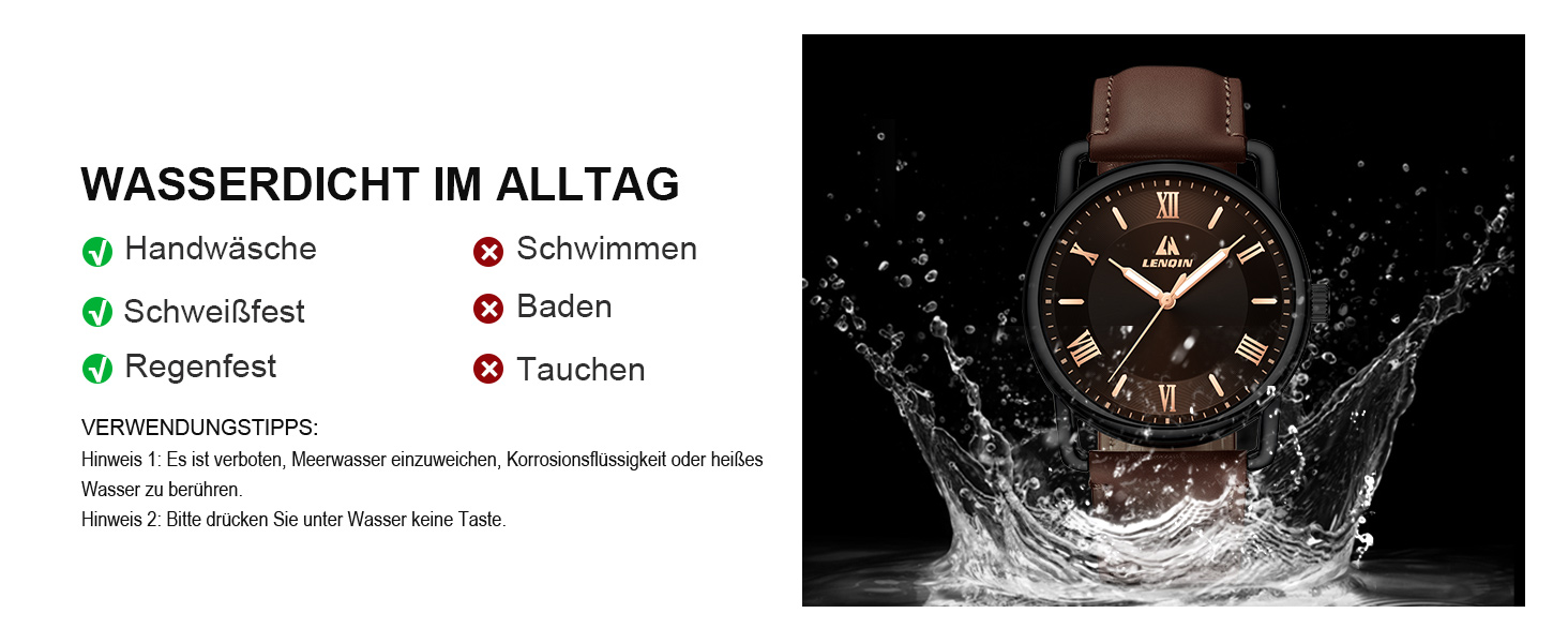 Чоловічий годинник LN LENQIN: аналоговий кварцовий годинник для чоловіків, водостійкий (30м), шкіряний ремінець, чорний/коричневий, бізнес-стиль