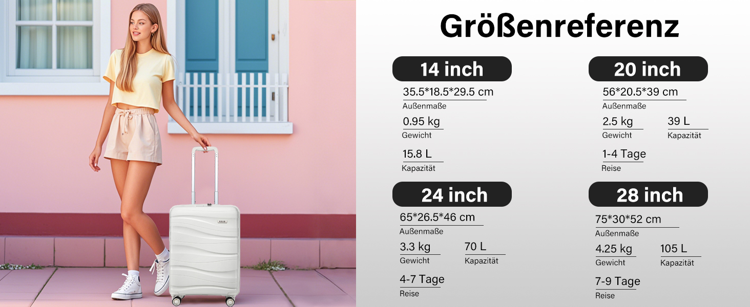 KONO Чемодан середнього розміру 65см з поліпропілену, з TSA замком, 65x46x26.5см (Крем-білий)