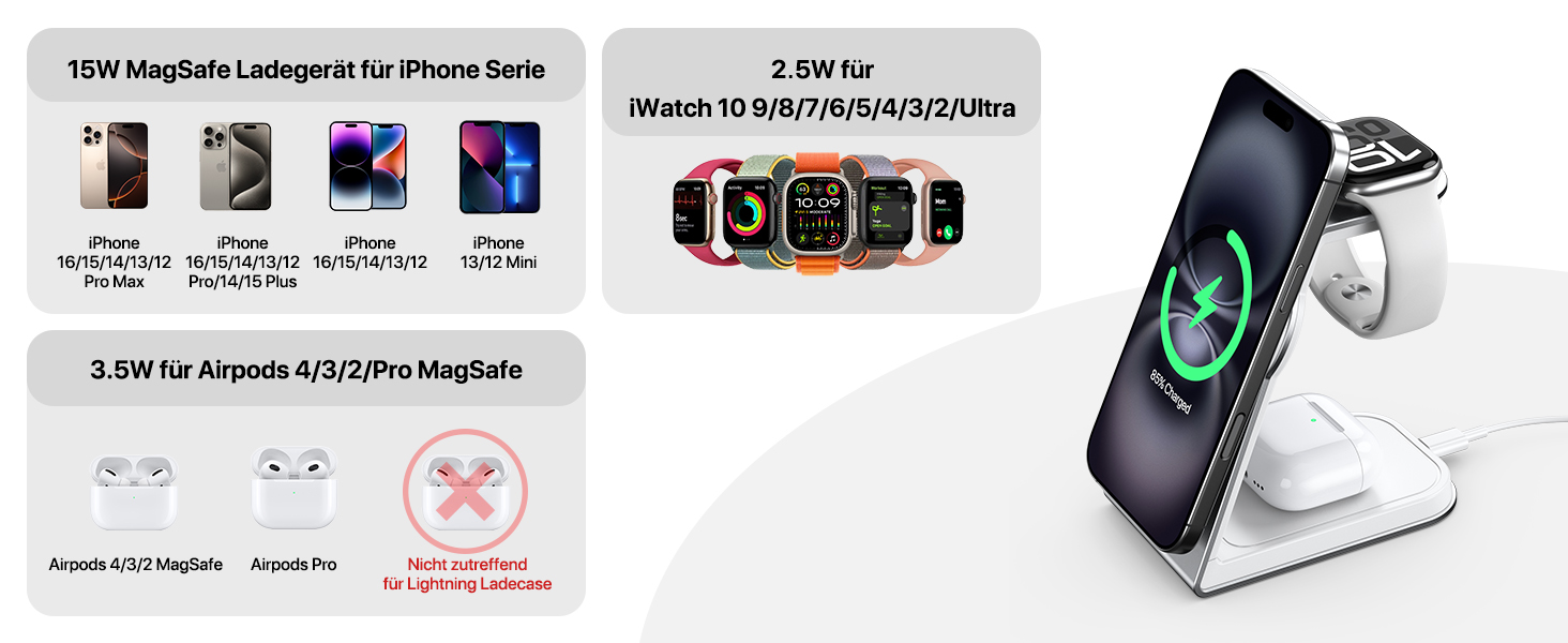 Зарядний стан MagSafe 3 в 1: для Apple Watch, iPhone та AirPods Pro 3/2. Бездротова зарядка для iPhone 16/15/14/13/12 (срібло)