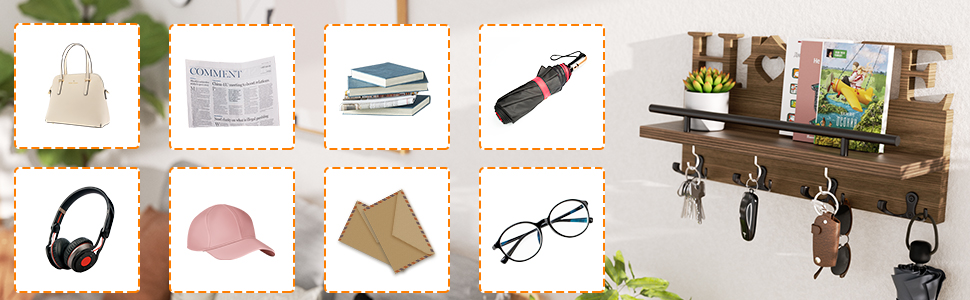 Дерев'яна полиця для ключів SWTYMIKI з 7 гачками - органайзер настінний, ключниця з полицею, браун