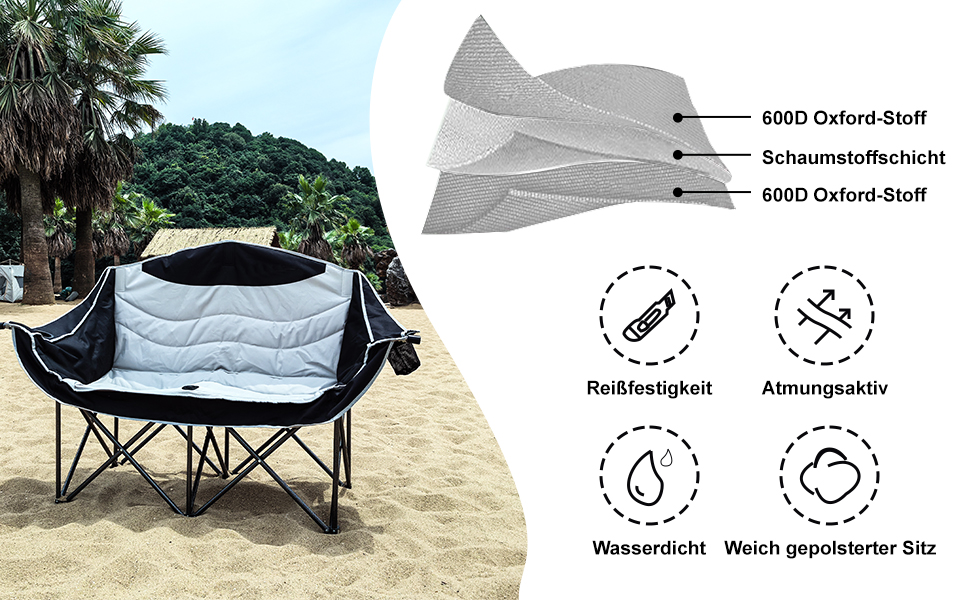 Кампанінг стілець подвійний великий, м'який, з підсклянником, складаний для 2 осіб, чорно-білий