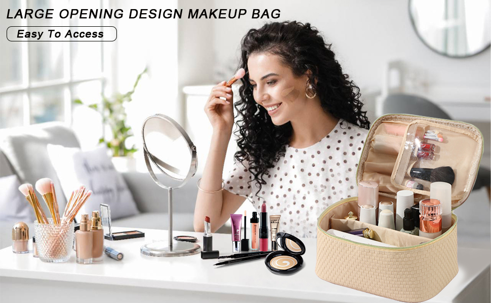 Жіноча косметичка для подорожей, водонепроникна, з відділенням для пензликів, з PU шкіри, велика, оливковий зелений (M Beige)