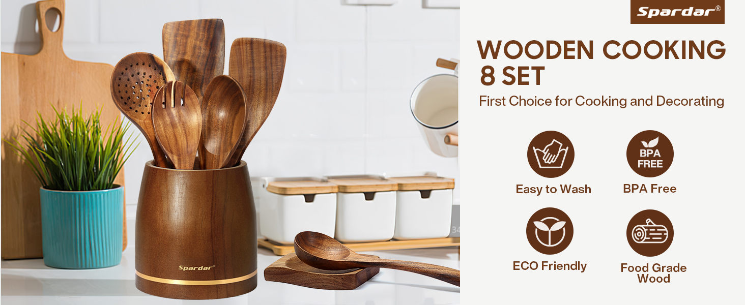 Набір дерев'яних лопаток для приготування їжі Spardar (7 шт.) - лопатки, шумовки, сита, ложки для салату
