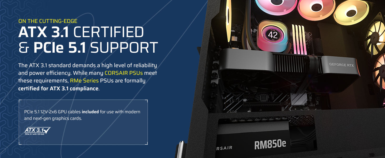Блок живлення Corsair RMe Series RM1000e 1000W ATX 3.1 PCIe 5.1, сертифікат Cybenetics Gold, повністю модульний