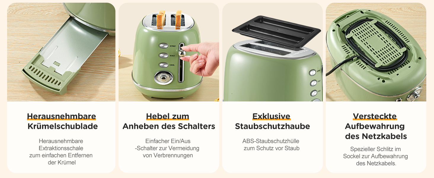 Ретро тостер на 2 шматочки з нержавіючої сталі, з підставою для бутербродів, 6 рівнів підсмажування, функція підігріву та розморожування, автоматичне відключення, ідеальний для тостів та бутербродів, TS-R008 (зелений)