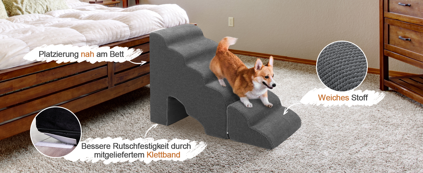 Східці для собак A.FATI 60 см: 6 ступенів, для ліжка, Boxspring, неслизькі, для маленьких/поранених собак та котів, темно-сірий
