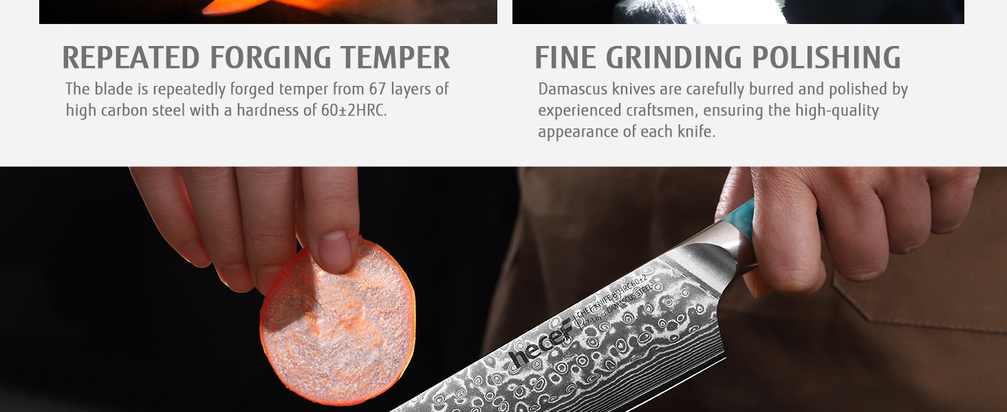 Японський ніж Hecef Damast 20 см з ручкою з харчової смоли: професійний кухонний ніж з дамаської сталі 67 шарів, з захистом для леза, подарунок для шеф-кухаря