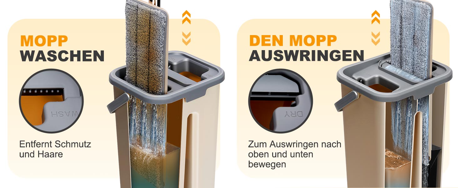 Набір для миття підлоги з відром, Masthome: компактний моп з відром та вичавкою, 3 мікрофібрових насадок, нержавіюча сталь, 2-в-1, для дерев'яних, плиткових та мармурових підлог, бежевий, 2.9л
