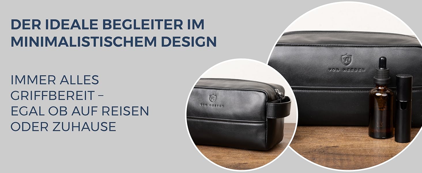 Чоловіча/Жіноча дорожня косметичка VON HEESEN з натуральної шкіри - велика, чорна, з одним відділенням