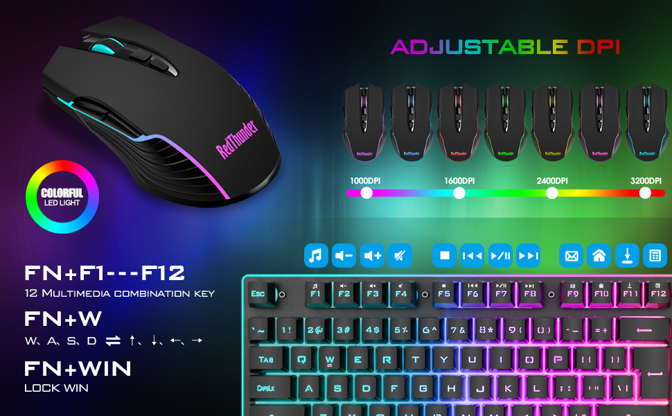 Бездротова ігрова клавіатура та миша RedThunder K10 з підсвічуванням LED, акумулятор 3800 mAh, механічне відчуття, Anti-Ghosting, миша 3200 DPI, QWERTY-розкладка, для PC, чорний колір