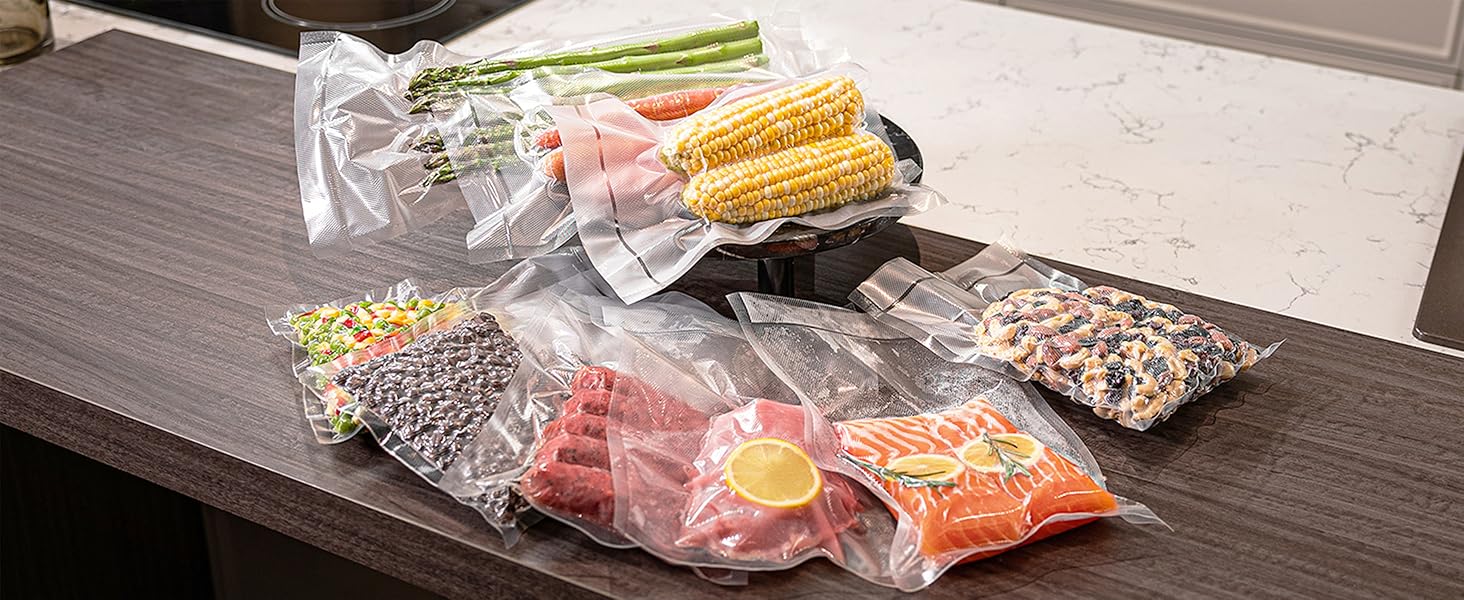 Вакуумний пакувальник Mesliese 90kPa 6-в-1: Компактний пристрій для зберігання продуктів з вбудованим різаком, 2 рулони та 5 пакетів, для сухого та вологого режиму, срібний