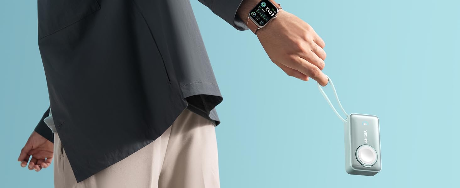 Повербанк Anker MagGo 10000mAh 35W з вбудованим USB-C кабелем для Apple Watch, iPhone 17/16/15, Samsung, iPad, AirPods (Зелений)