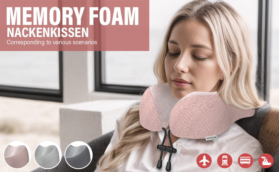 Подушка для шиї Estefanlo для подорожей: автомобіль, літак, офіс. Memory Foam, м'який велюровий чохол (рожевий)