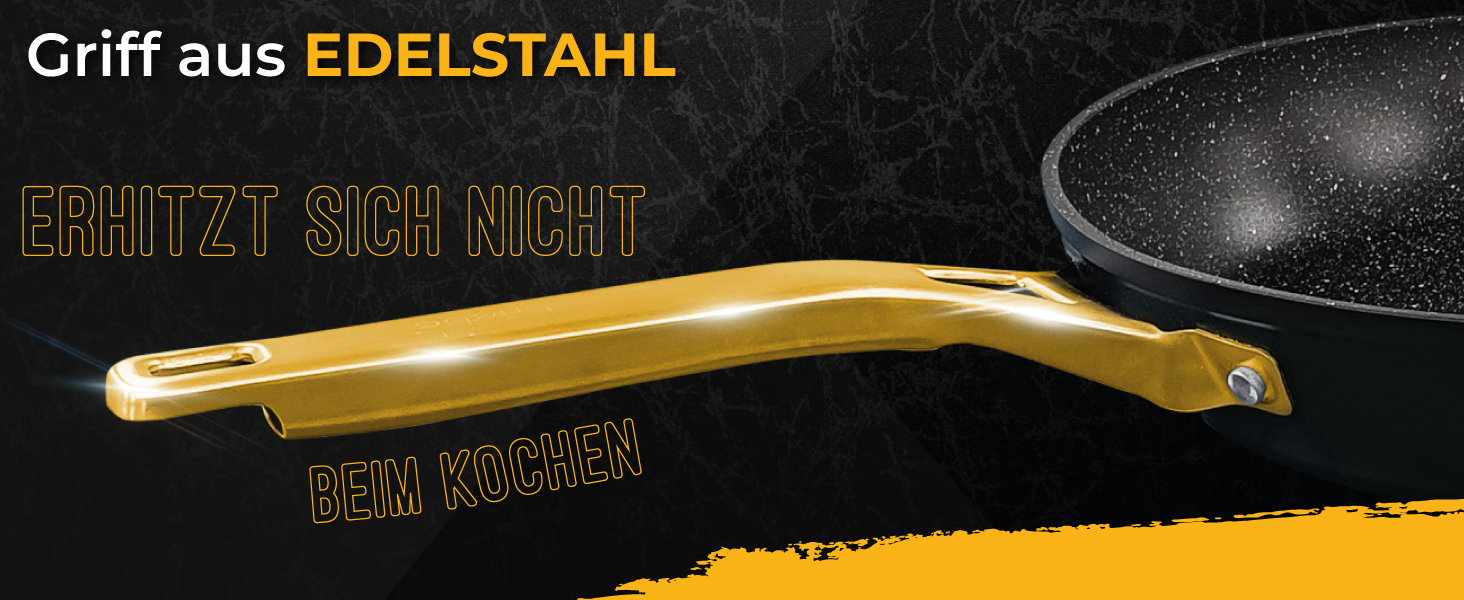 Набір сковорідок Briebe Gold Titanium Set (3 шт.) з титановою поверхнею, антипригарне покриття, для індукційних плит, діаметр 18-20-24 см, коване алюміній, без PFOA, професійні ручки з нержавіючої сталі, сумісний з газовими та склокерамічними плитами