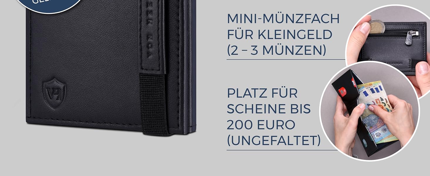 Шкіряний компактний гаманець VON HEESEN з RFID-захистом, міні-портмоне для чоловіків та жінок (чорний, гладка шкіра, з відділенням для монет)