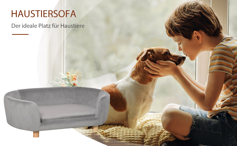 PawHut Софа для домашніх тварин: ліжко для собак та котів з голландського оксамиту, піна, ніжки з берези, 86 x 55 x 33 см, світло-сіра