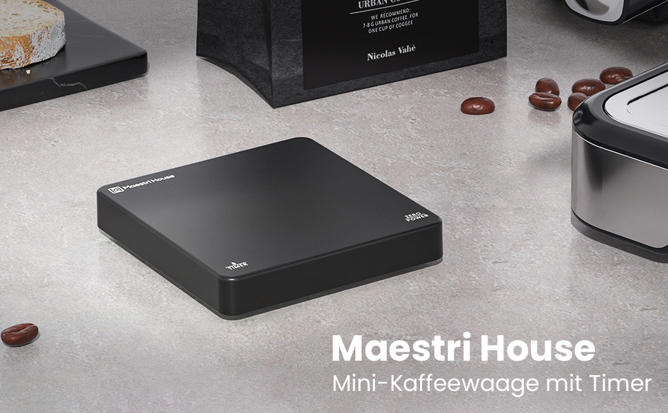 Ваги для кави Maestri House Mini з таймером, 2 кг/0,1 г, для еспресо та альтернативного заварювання, чорні