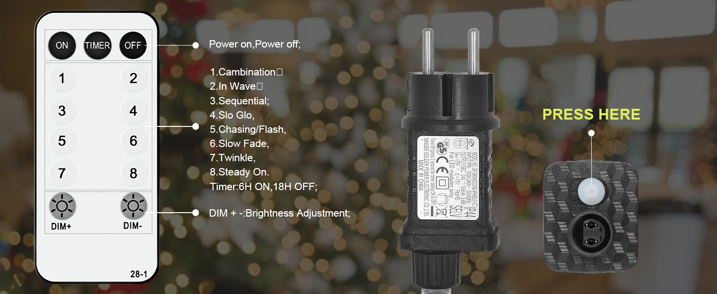 Ланцюжок прикрас LED 144 світлодіодів, мережа, тепле біле світло, для зовнішнього та внутрішнього використання, з пультом, таймером, 8 режимів, для кущів, саду, ялинки, кімнати, балкону