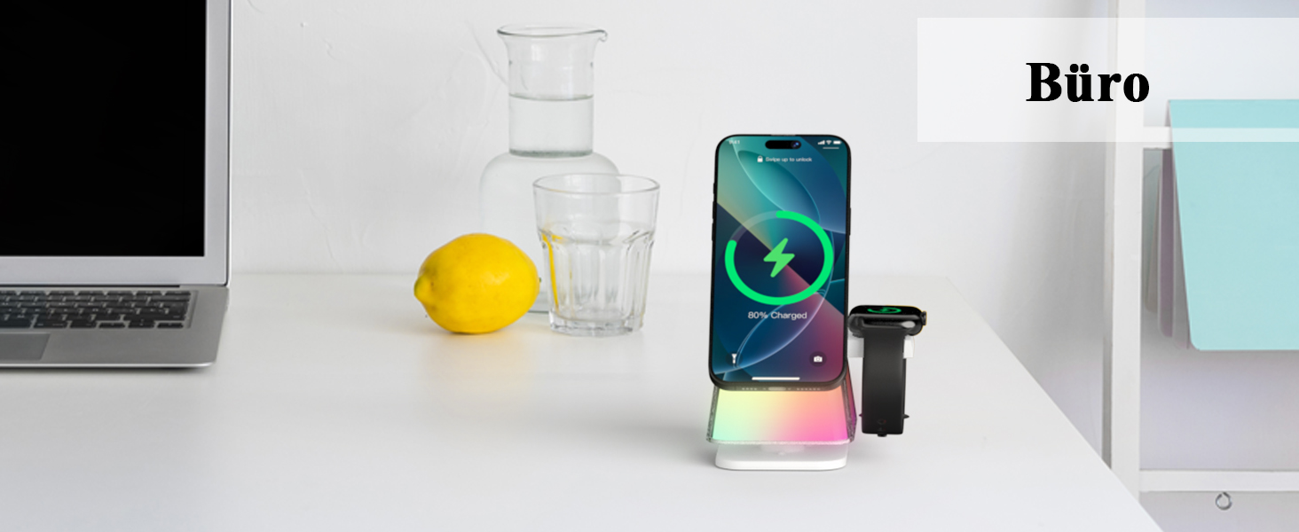 Бездротова зарядна станція 3-в-1 Minthouz Leap Cube 15, швидка зарядка 15W Qi, підставка з багатокольоровою підсвіткою для iPhone 16, 15, 14, 13