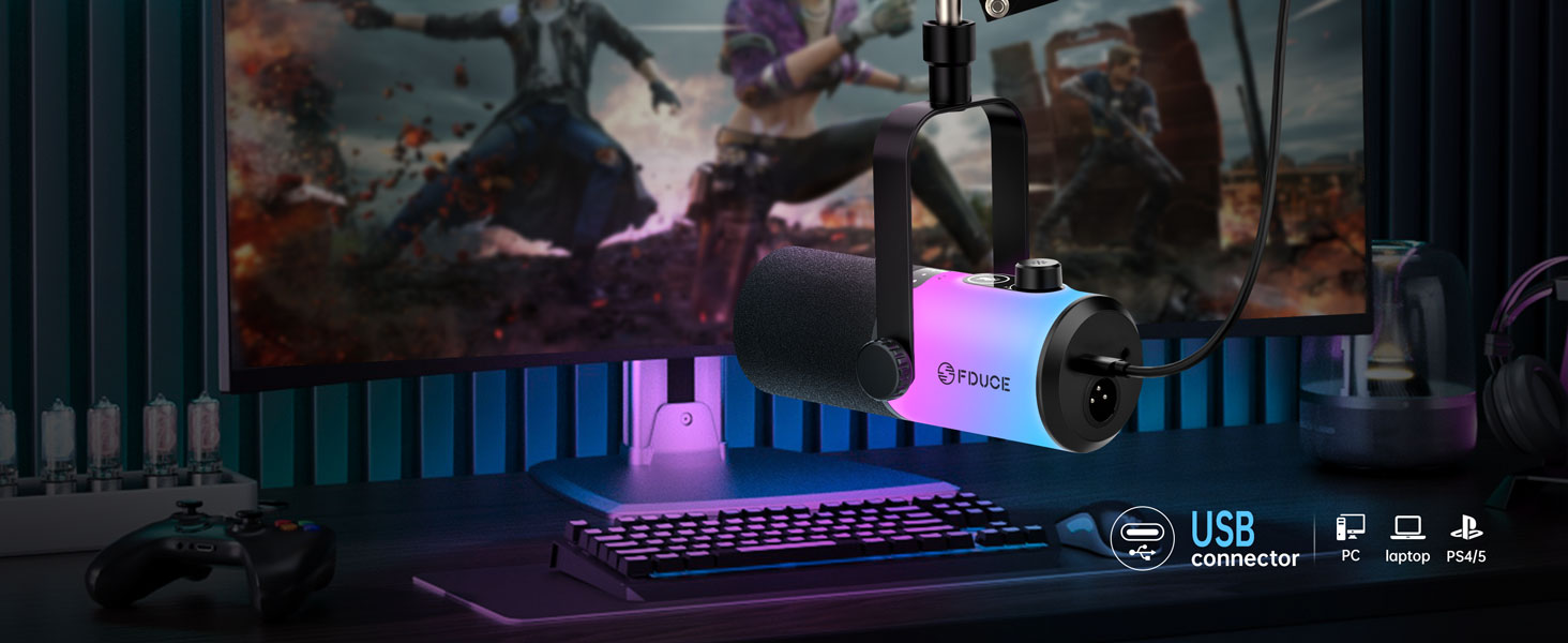 Ігровий мікрофон FDUCE з USB/XLR підключенням для стрімінгу, запису подкастів та співу з RGB-підсвіткою, регулятором посилення та навушниками (D20+)