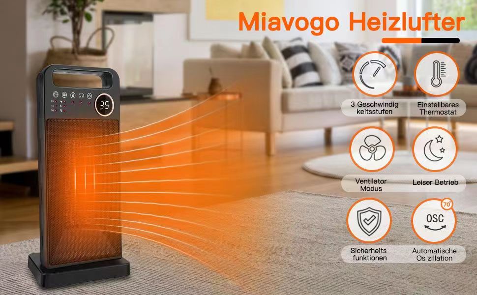 Керамічний обігрівач Miavogo 2000W: Енергозбереження, тиха робота, 3 режими, таймер, захист від перегріву. Підходить для офісу, вітальні, спальні, ванної кімнати