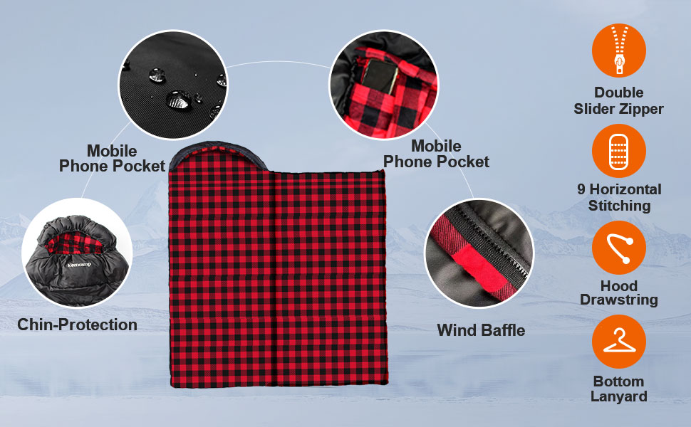 Спальний мішок Outdoor з фланелі, теплий, 3-4 сезони, бавовняний, до -1°C, XXL, 230x90 см, для кемпінгу та відпочинку на природі, чорний, R-Zip