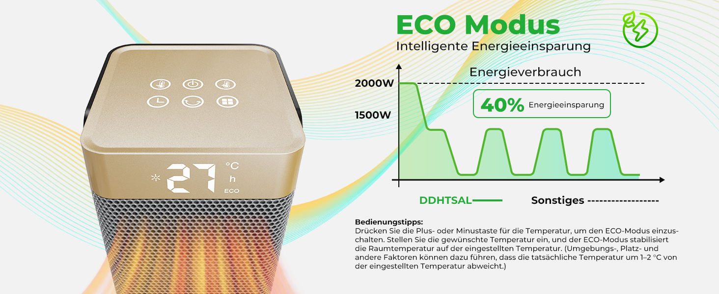 Електричний обігрівач 2000W з економним споживанням, тихий, 3 режими, PTC кераміка, швидкий нагрів, ECO режим, пульт ДУ, таймер 12H, поворот 70°, для офісу, спальні, ванної кімнати, золотий
