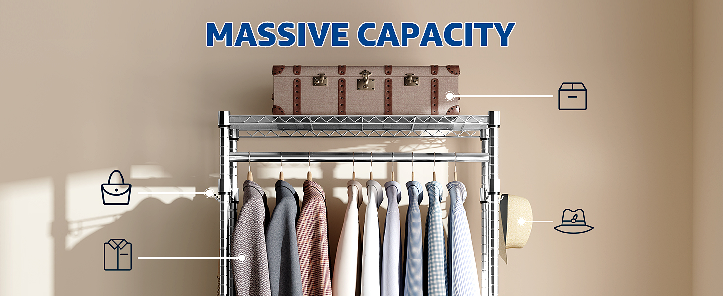 Міцний мобільний вішак для одягу з 3 рівнями, регульовані полиці, 2 штанги та гачки - 40x75x189.3 см (хром)