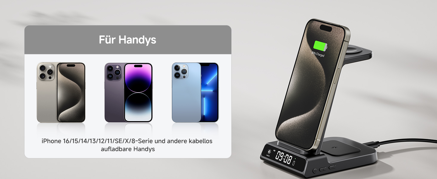 Бездротова зарядна станція 3-в-1 для Apple iPhone 16/15/14/13/12 Pro/Plus, Apple Watch Ultra 2/9/8/7/6/5, AirPods Pro/4/3/2 – Чорна