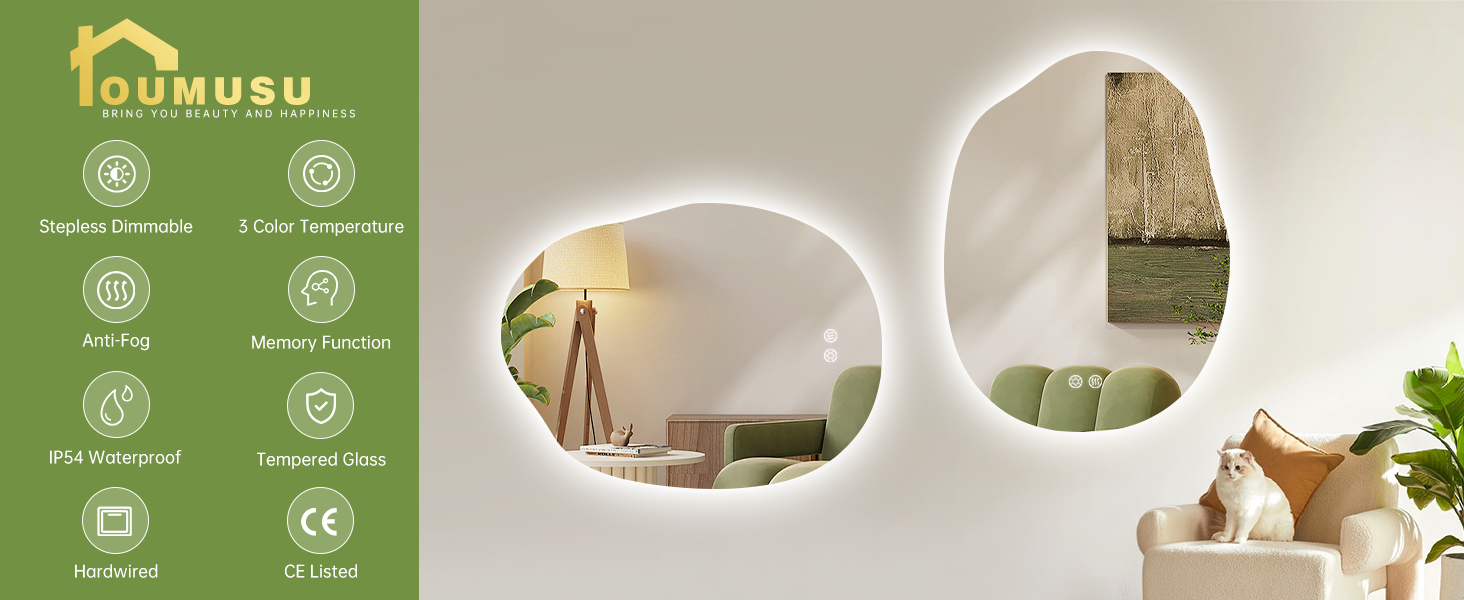 Дзеркало для ванної кімнати з підсвічуванням, арочне, без рами, 50x75 см. Антизапарник, сенсорне управління, регулювання яскравості, 3 кольори світла