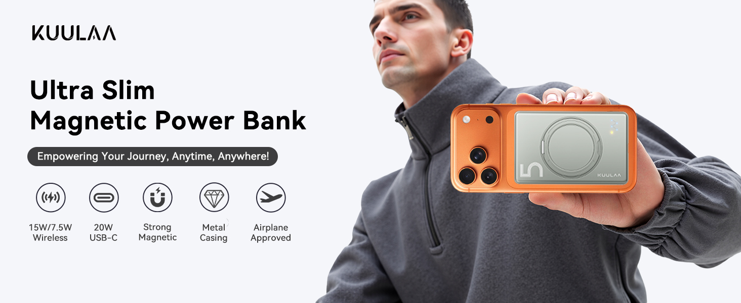 Powerbank Kuulaa MagSafe 5000mAh, Швидка зарядка, USB-C, для iPhone 17/16/15/14/13/12/Pro/Pro Max, срібло