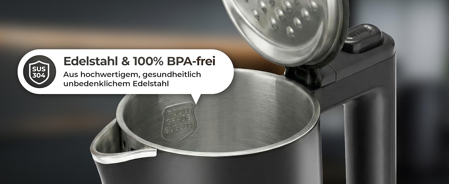 Електричний чайник Aeco AQA NEO з нержавіючої сталі, 1.7 л, 2150 Вт, без BPA, фільтр від накипу, бездротовий, CoolTouch, шампань срібло (Aqa Elite (чорний матовий))