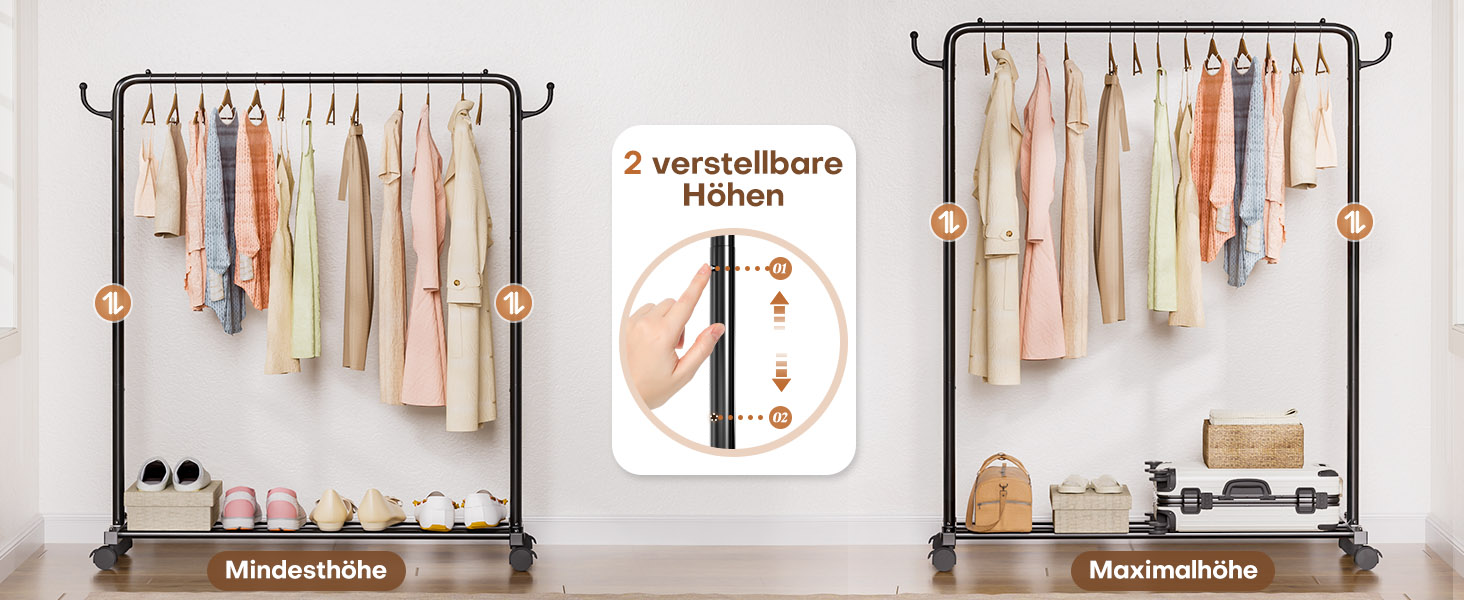 Міцний вішак для одягу на коліщатках Yorbay: металева стійка з полицею для багажу - компактна шафа для спальні, пральні, магазину (чорний, 117 см)