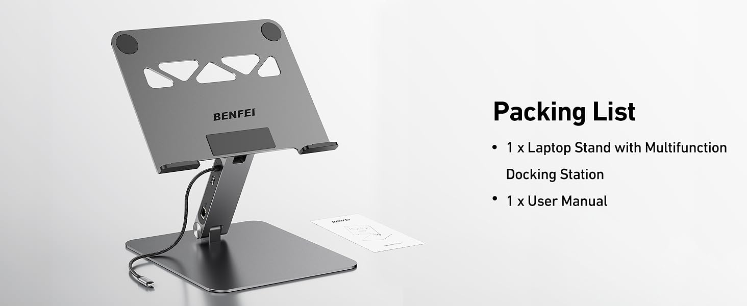 Підставка для ноутбука BENFEI з док-станцією USB-C 6-в-1: HDMI (4K@60Hz), Gigabit LAN, 100W Power Delivery, 10Gbps (1x USB-C 3.2 & 2x USB-A 3.2) – сумісна з MacBook Pro/Air, iPad Pro, XPS, ThinkPad