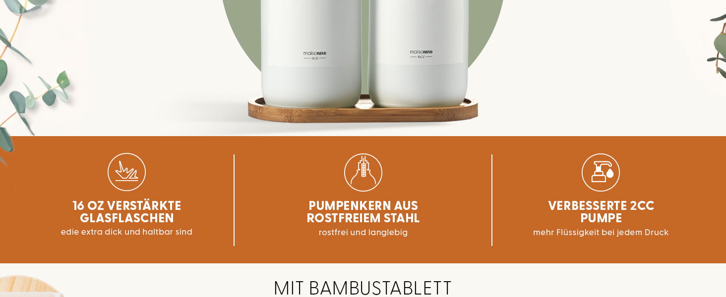 Набір дозаторів для мила та рідкого миючого засобу MaisoNovo | Скляні дозатори для ванної кімнати | 500 мл, білий колір, бамбукова помпа, 2 шт.