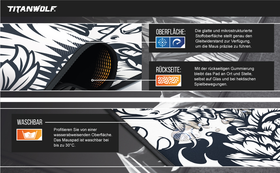 Ігровий килимок для миші TITANWOLF XXL Speed Gaming Mousepad, 900x400мм, чорний, дизайн Koi — великий килимок на весь стіл для підвищення точності та швидкості