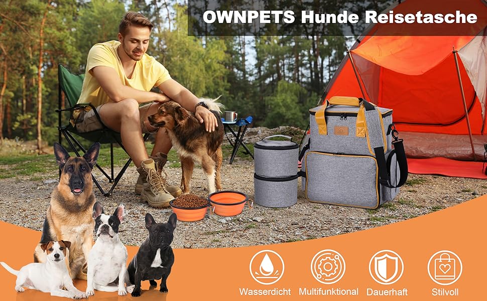 Сумка для собак Ownpets: дорожня сумка з набором аксесуарів (2 контейнери для корму, 2 миски, ремінь) сірого кольору
