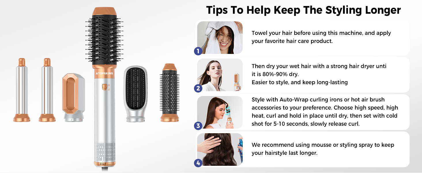 Atopskins Фен-щітка 6 в 1: стайлер для волосся, фен, щипці для завивки, випрямляч, об'єм, локони